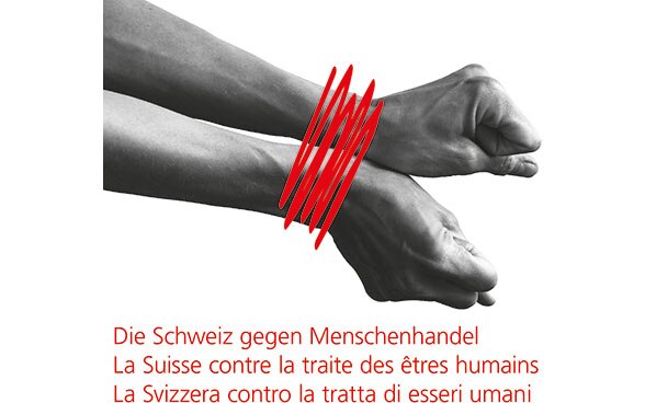 Symbolbild für Menschenhandel: von roten Linien gefesselte Hände