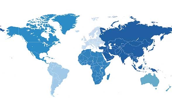 Weltkarte mit sechs Kontinenten (Afrika, Asien, Australien und Ozeanien, Europa, Nordamerika, Südamerika, ohne Antarktika). 