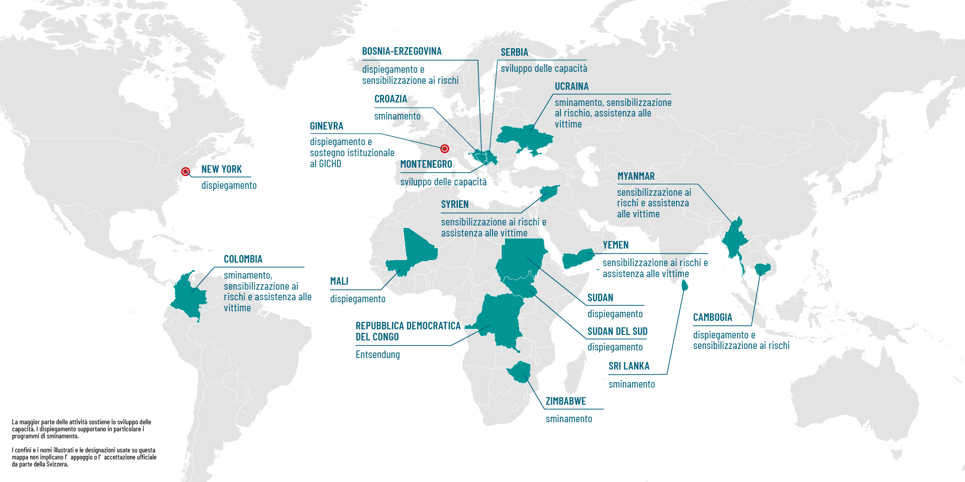 Mappa dei Paesi in cui la Svizzera è attiva nello sminamento umanitario.
