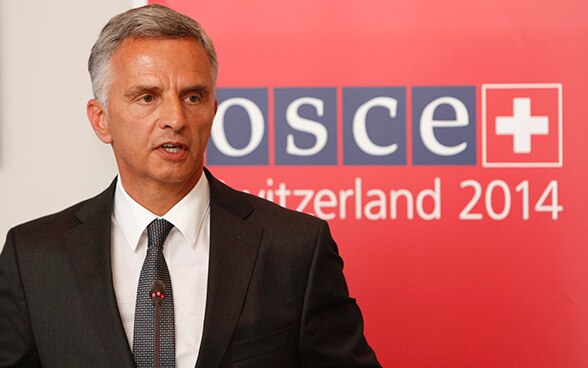 Didier Burkhalter, Chairperson-in-Office of the OSCE, answering questions at the press conference of the 2014 Annual Security Review Conference in Vienna