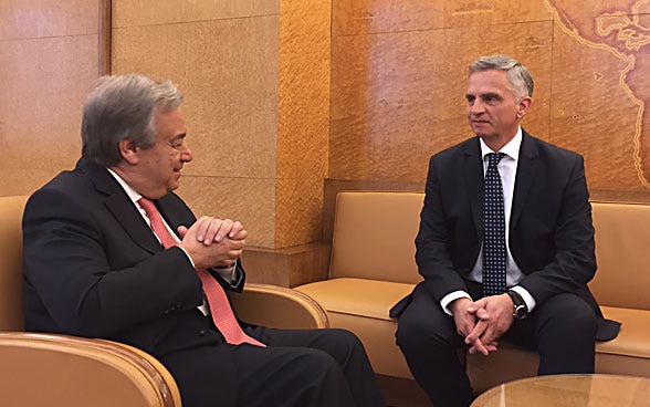 Federal Councillor Didier Burkhalter and the new UN Secretary General António Guterres in a bilateral meeting in Geneva, 12 January.