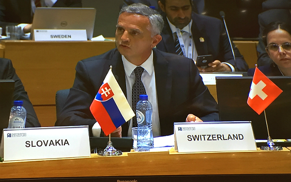 Federal Councillor Burkhalter giving his speech at the Brussels conference on Syria.