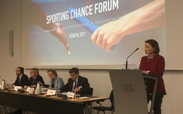 Pascale Baeriswyl parla al Sporting Chance Forum 2017 di Ginevra.