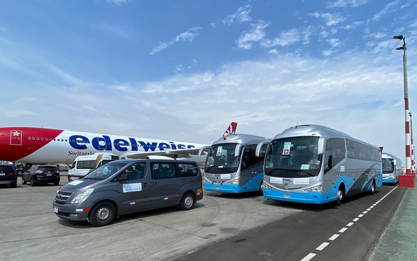 Three buses are parked on the airfield of Lima airport, right next to the Edelweiss plane that will fly passengers back to Switzerland.