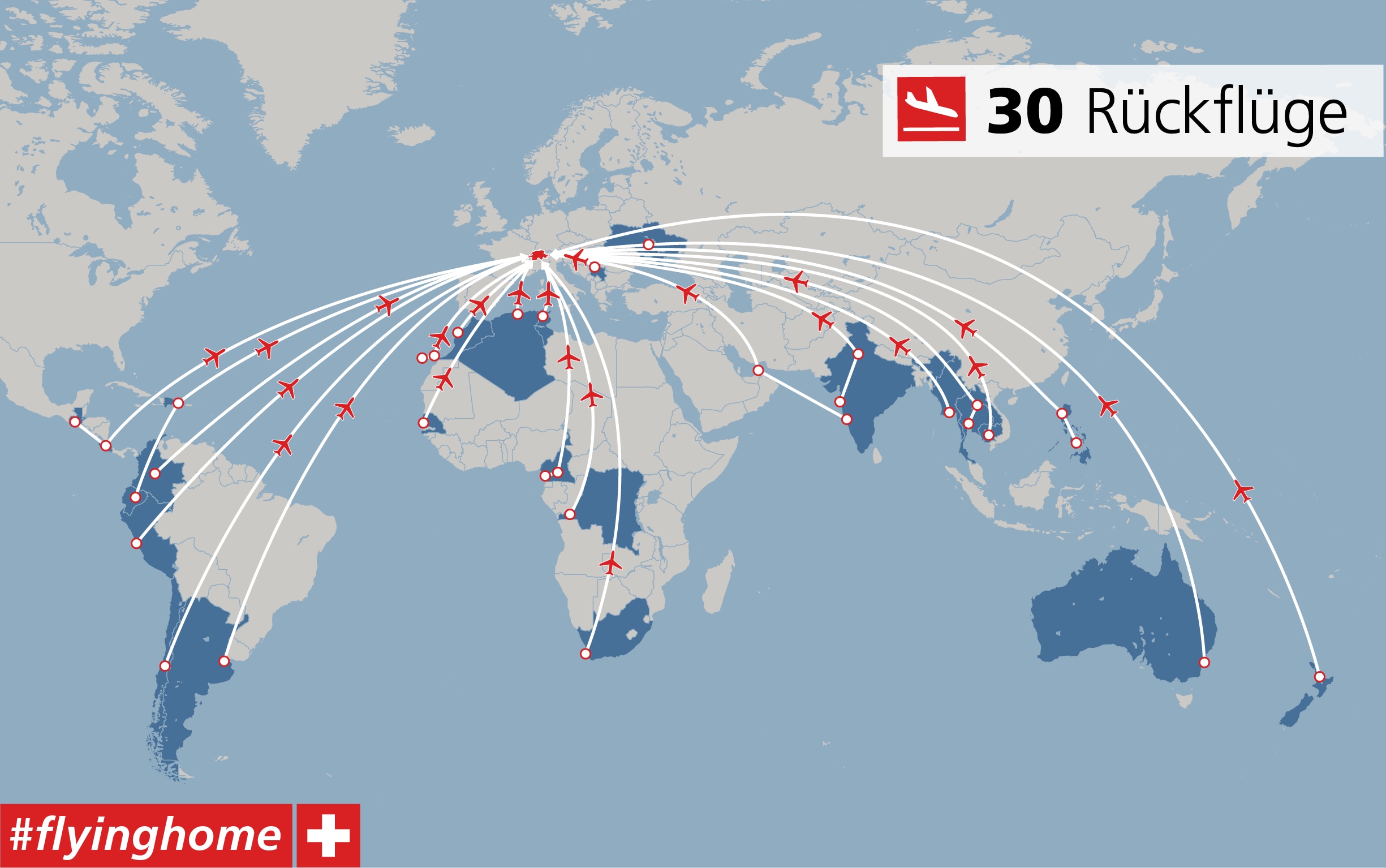 Weltkarte mit den 30 Flügen eingezeichnet