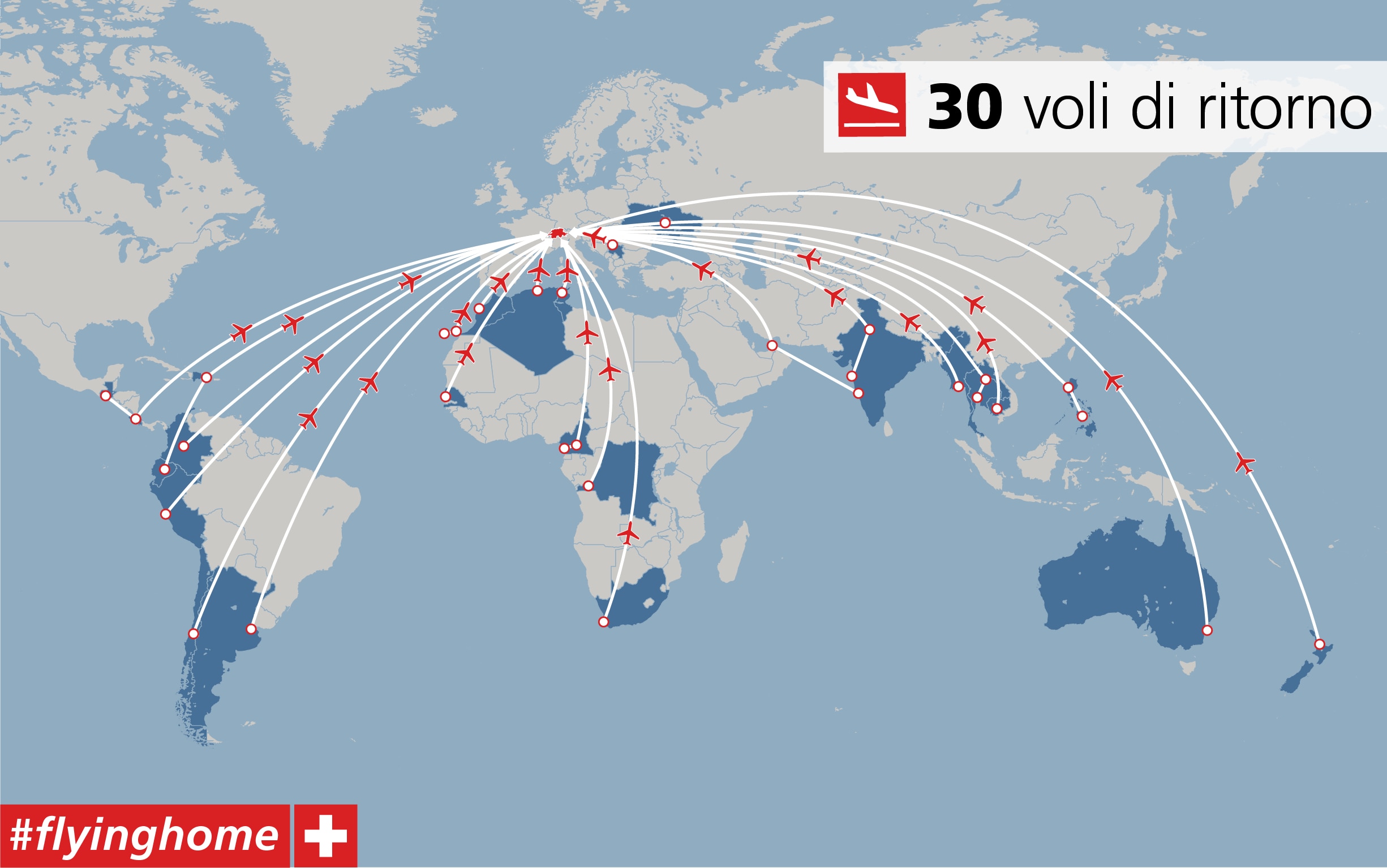 Mappa del mondo con i 30 voli tracciati