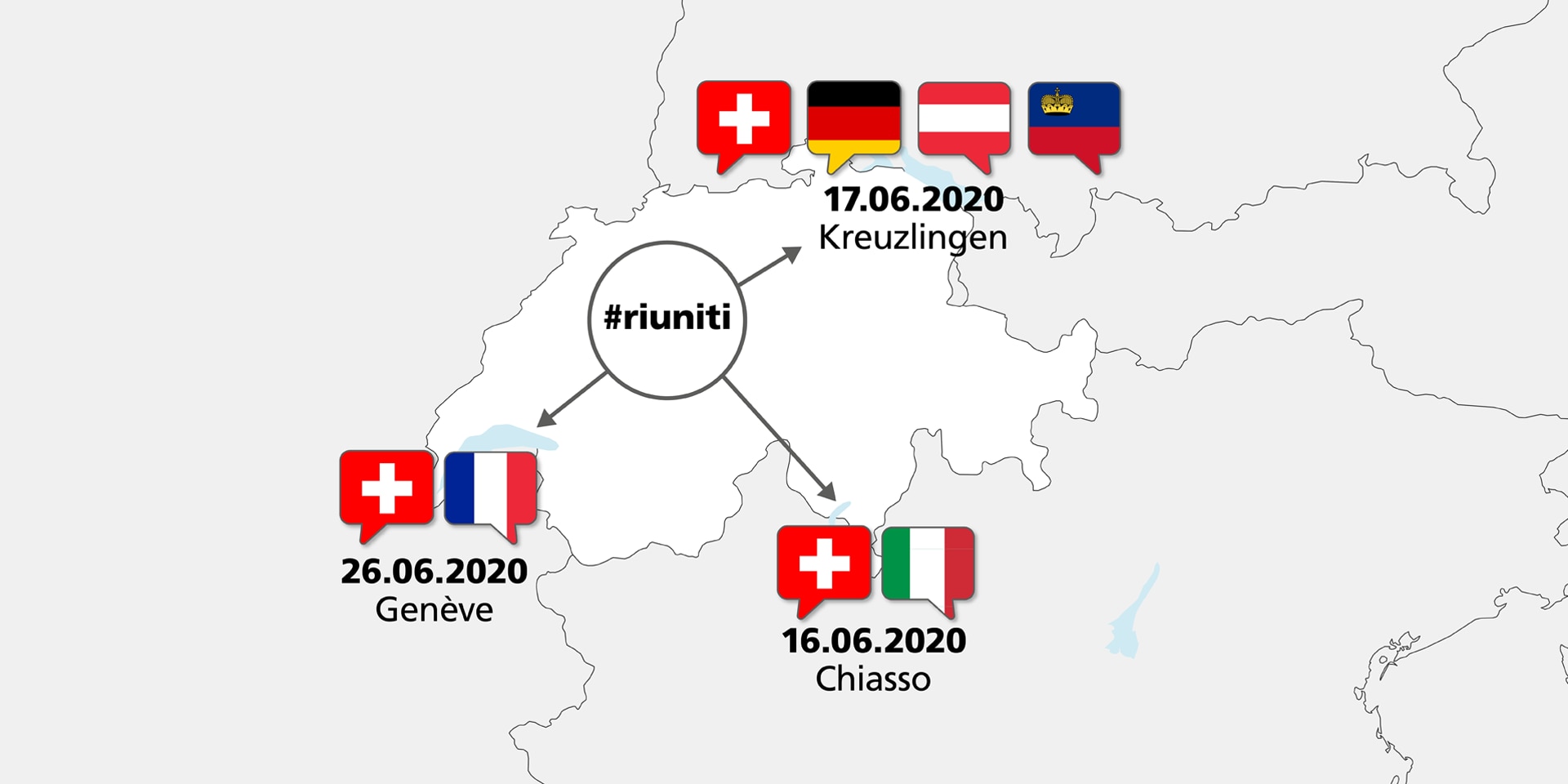 Map of Switzerland showing which national representativesFederal Councillor Cassis will be meeting and where. In Chiasso he meets the Italian Foreign Minister. In Kreuzlingen he will meet representatives of Austria, Liechtenstein and Germany, and in Geneva, a representative of France.