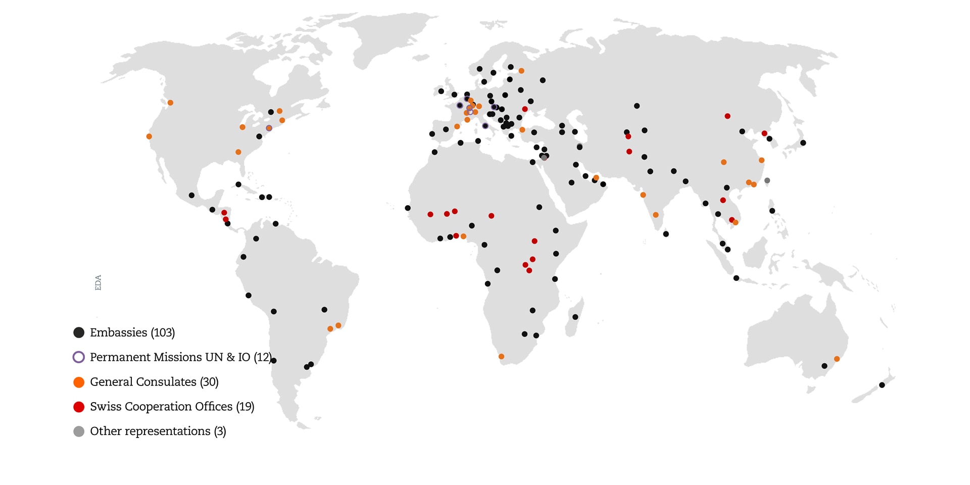 Map of Swiss representations around the world 