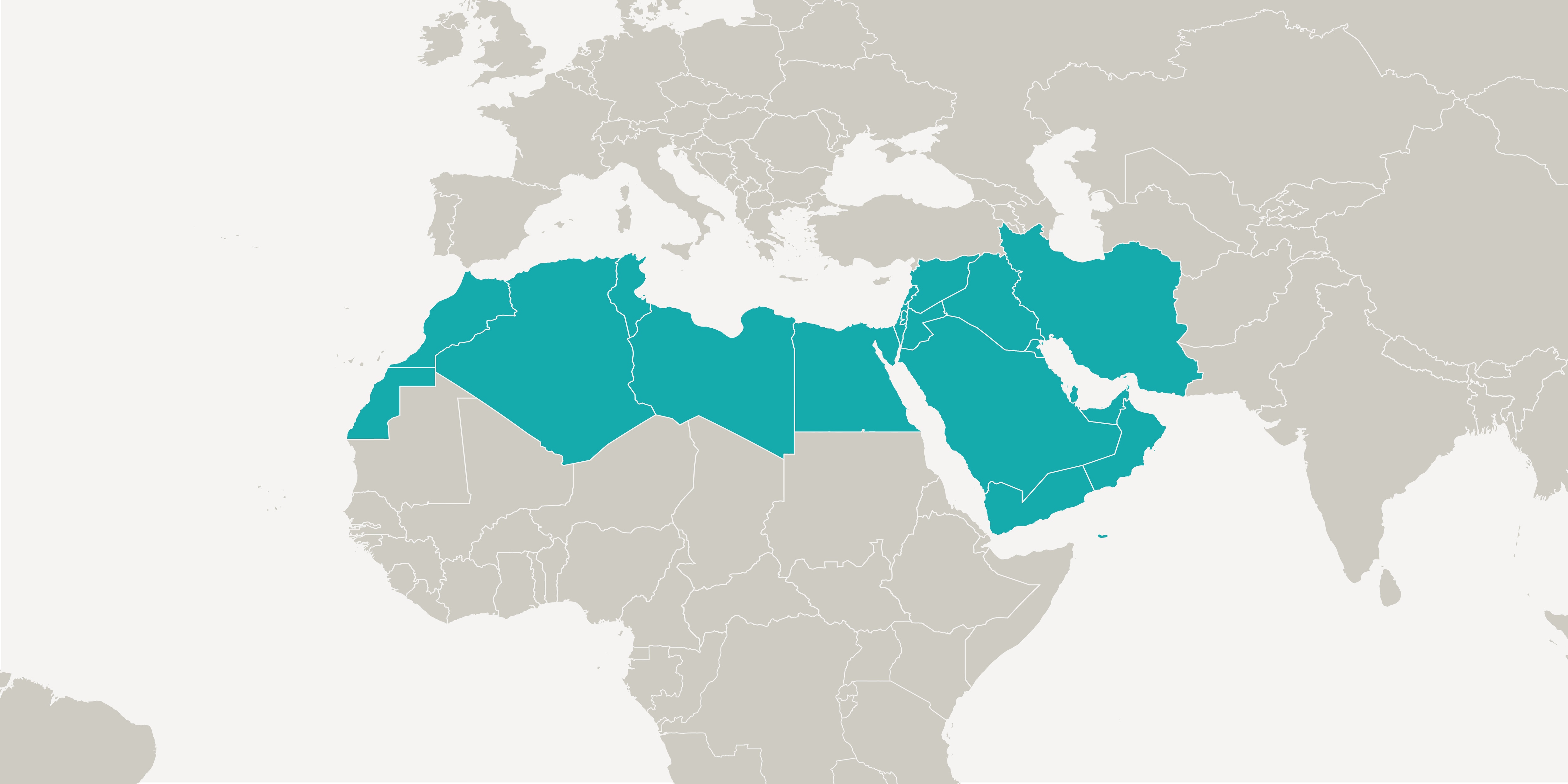 Una figura mostra una sezione della cartina del mondo. I 18 Paesi colorati costituiscono la regione MENA (Medio Oriente e Nord Africa).