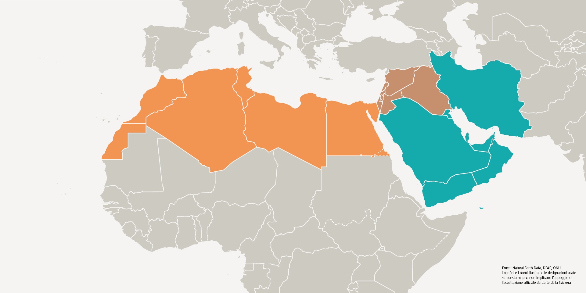 Un grafico mostra le tre sottoregioni Nord Africa, Medio Oriente, Penisola araba e Iran