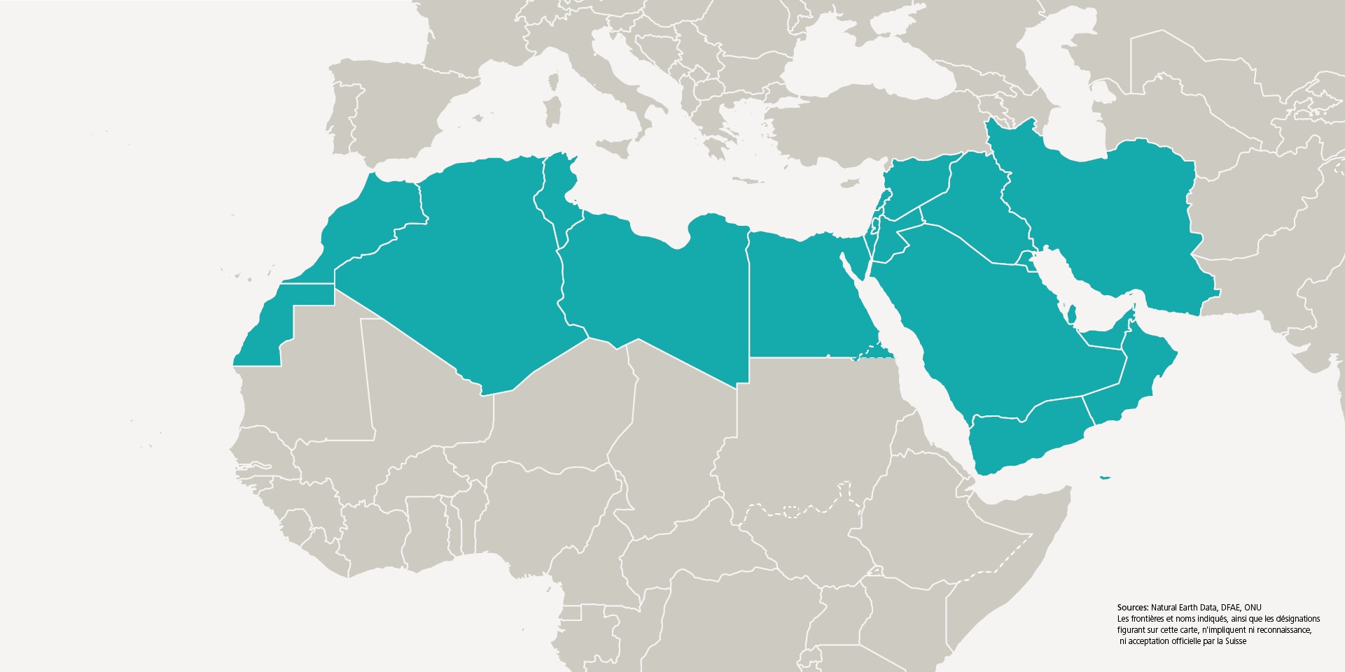  Un graphique montrant une partie de la carte du monde, où les 18 pays de la région MENA sont représentés en couleur: Moyen-Orient et Afrique du Nord.