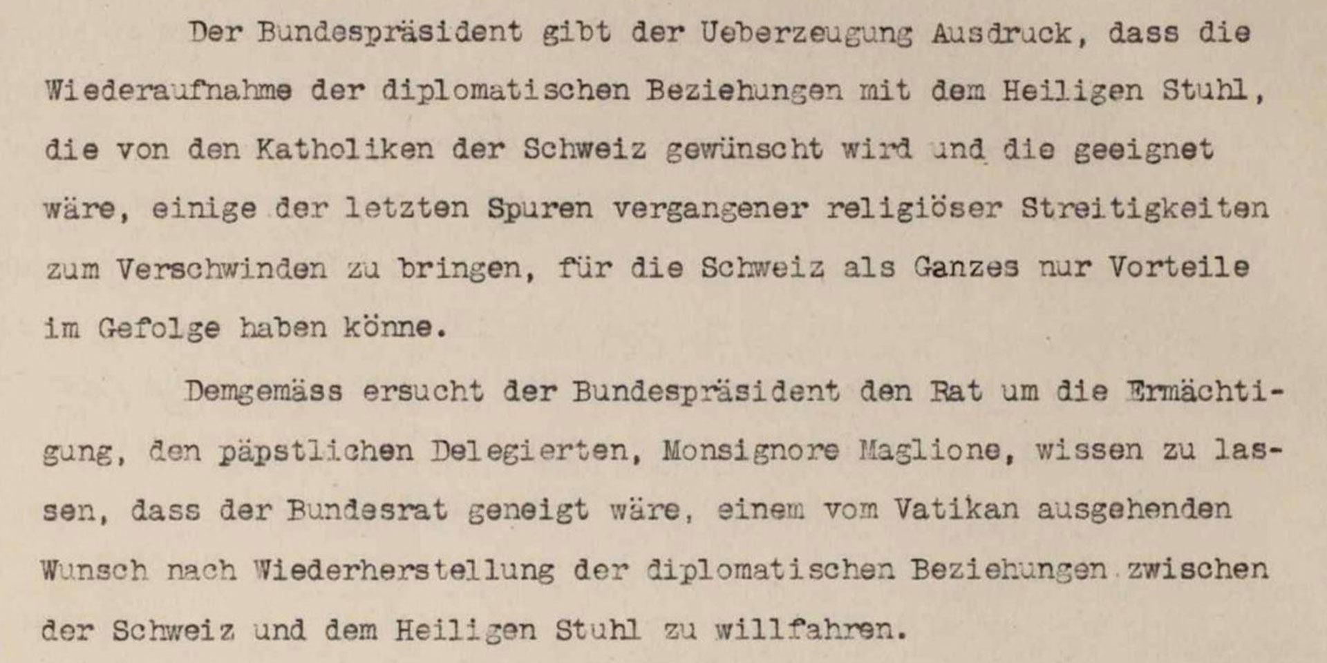 Extrait du procès-verbal de la séance du Conseil fédéral du 18 juin 1920 qui retranscrit la demande du président de la Confédération Giuseppe Motta concernant le rétablissement des relations diplomatiques avec le Saint-Siège.