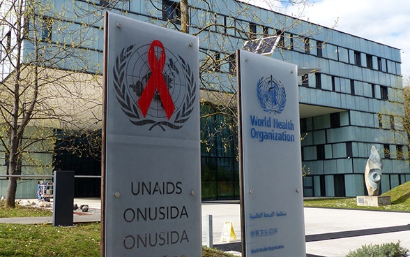 Façade of the headquarters of the World Health Organisation and the Joint United Nations Programme on HIV/AIDS.