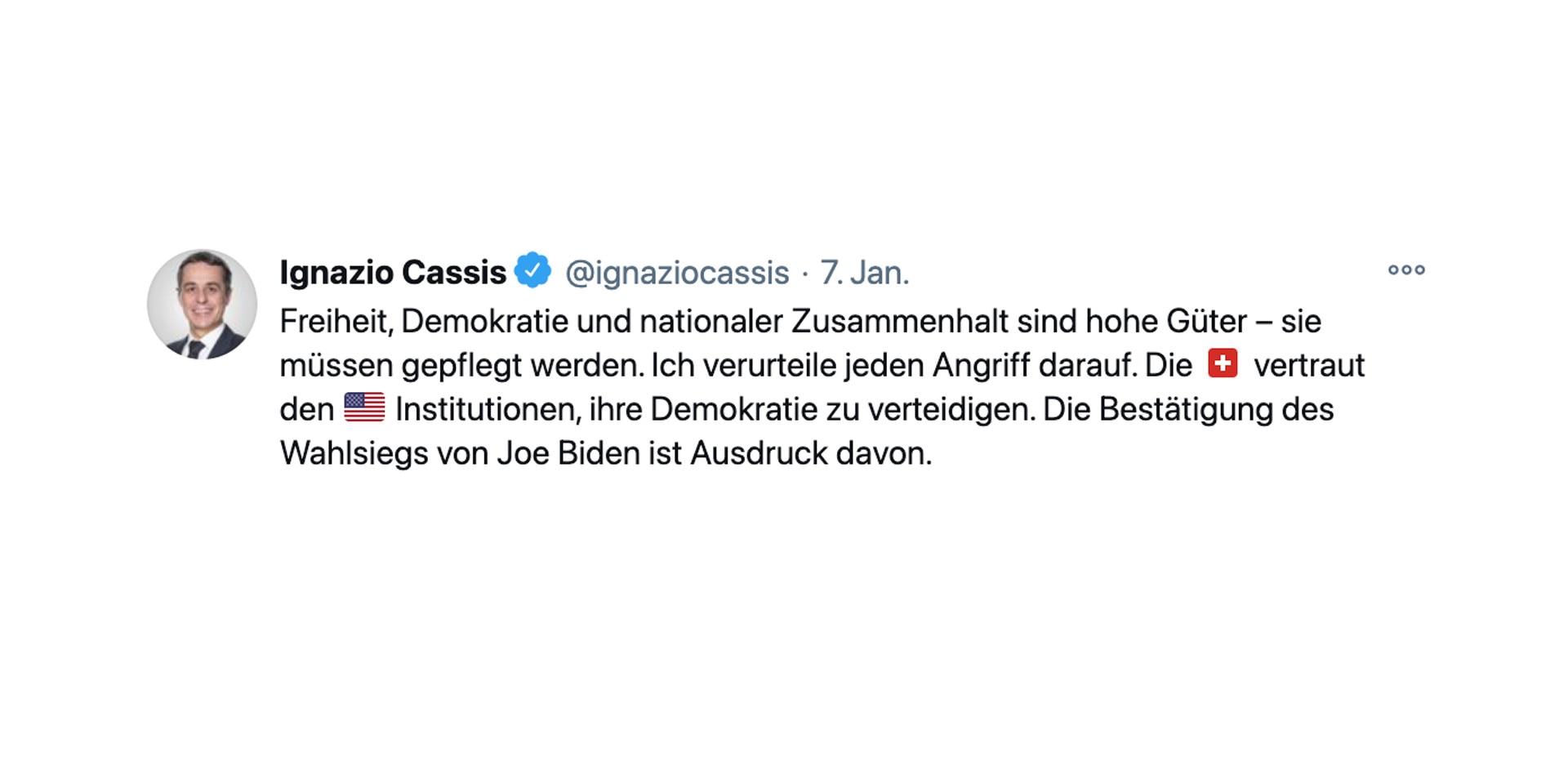 Capture du tweet publié par le conseiller fédéral Cassis suite aux événements de Washington.