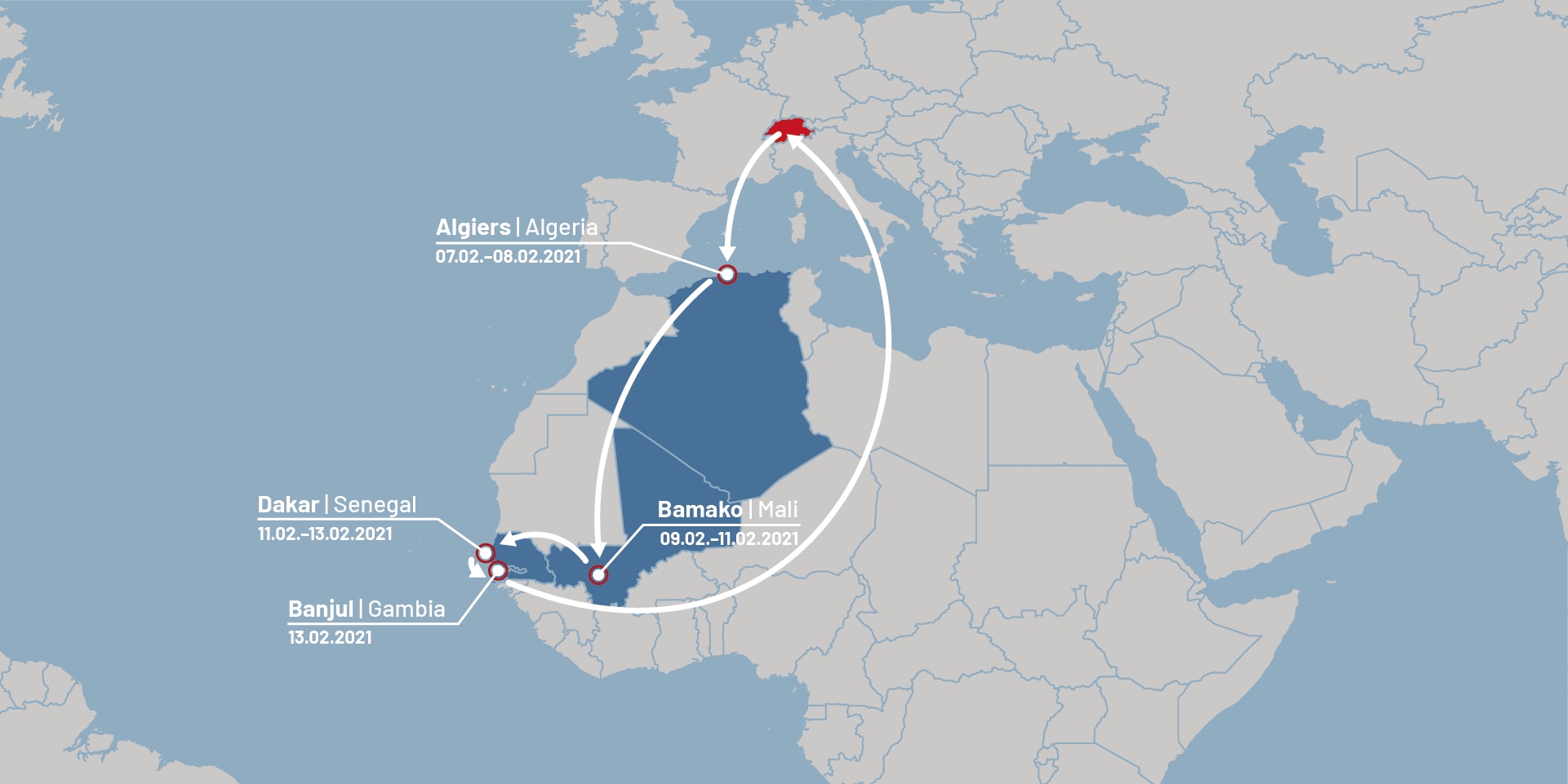 Graphic illustrating Federal Councillor Cassis' trip to Africa.