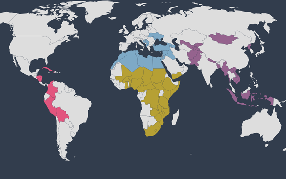 Weltkarte mit den Schweizer Schwerpunktländern und -regionen der internationalen Zusammenarbeit.