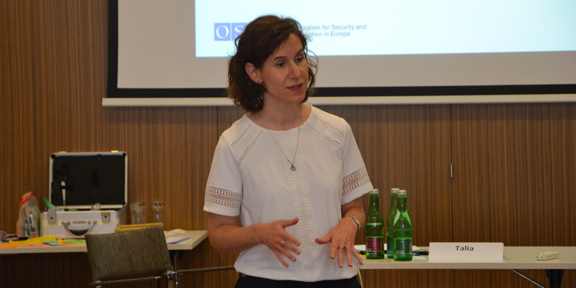 Talia Wohl standing in a room speaking during a presentation. 