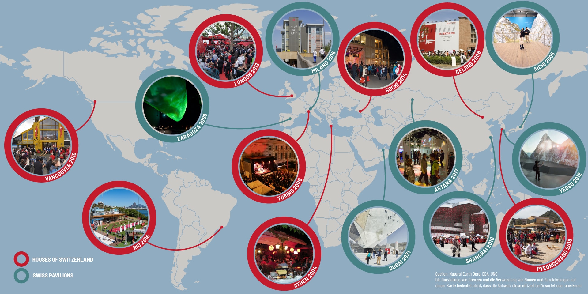 Graphic representation of a world map with various small pictures of Swiss pavilions and the "House of Switzerland" at major international events. 