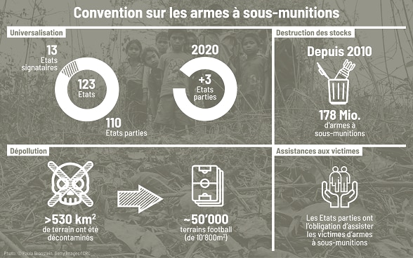 Un graphique montre sur quatre compartiments différentes données au sujet des armes à sous-munitions.