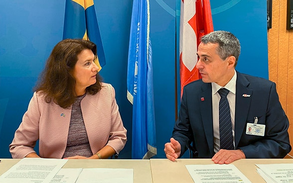 Federal Councillor Ignazio Cassis and Swedish Foreign Minister Ann Linde co-chairing high-level conference on the humanitarian crisis in Yemen.
