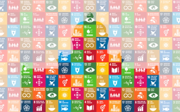  Petites cases multicolores où figurent des symboles représentant les objectifs de développement durable de l’Agenda 2030, avec les contours du Palais du Parlement.