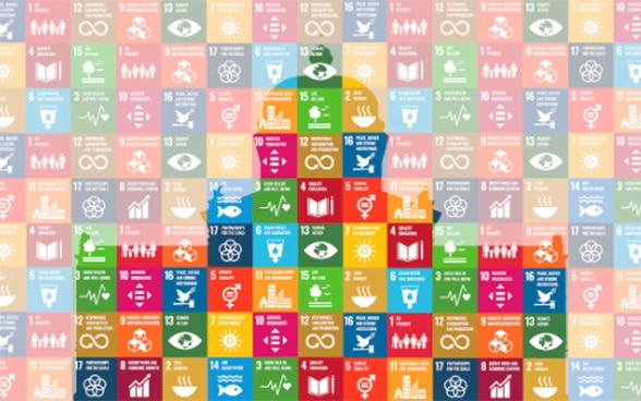 The image is filled with small, colourful squares containing symbols representing the 2030 Agenda SDGs. These are overlaid with a silhouette of the Parliament building. 