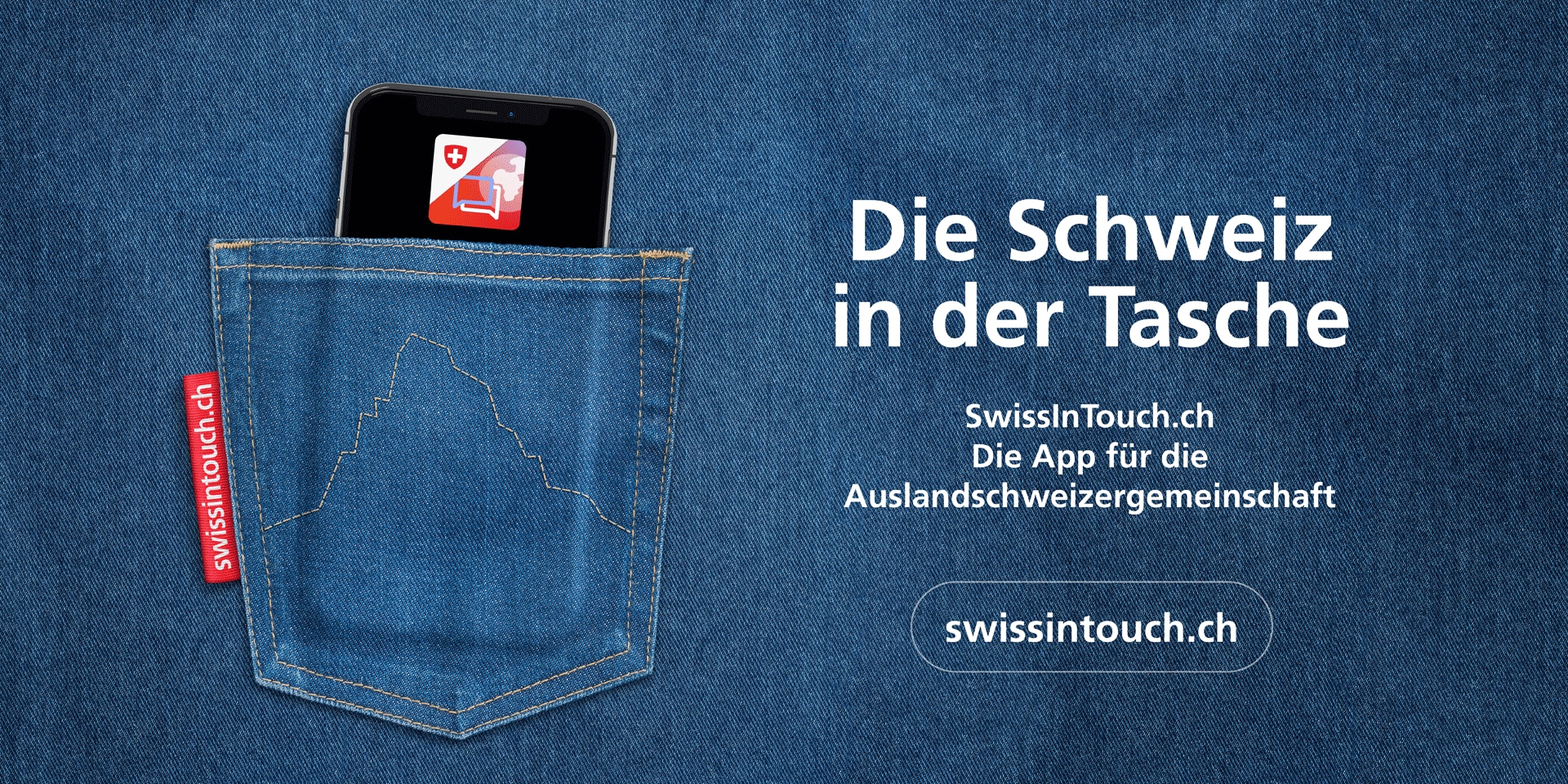 Ein Mobiltelefon in einer Hosentasche mit aufgesticktem Matterhorn kündigt die Lancierung der neuen App SwissInTouch an.