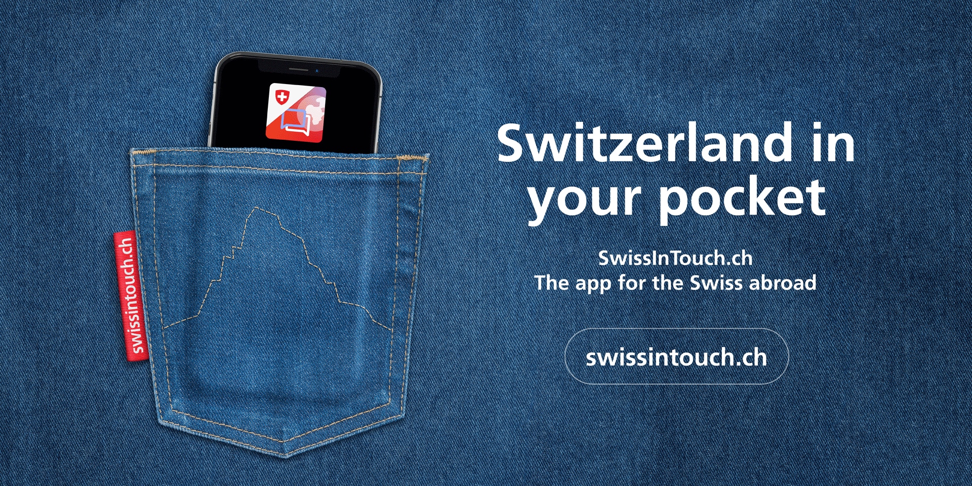 A mobile phone in a trouser pocket with a stitched outline of the Matterhorn announces the launch of the SwissInTouch application.