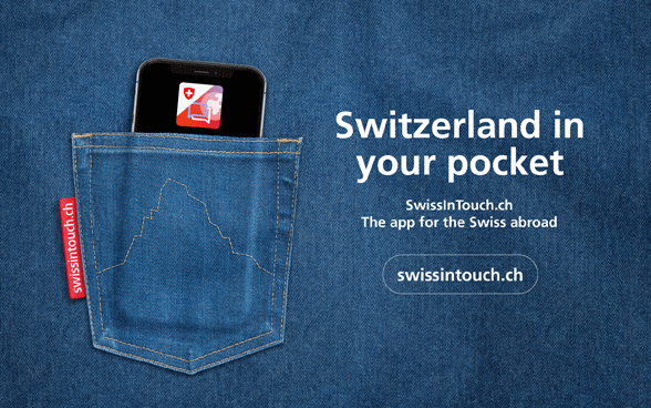 A mobile phone in a trouser pocket with a stitched outline of the Matterhorn announces the launch of the SwissInTouch application.