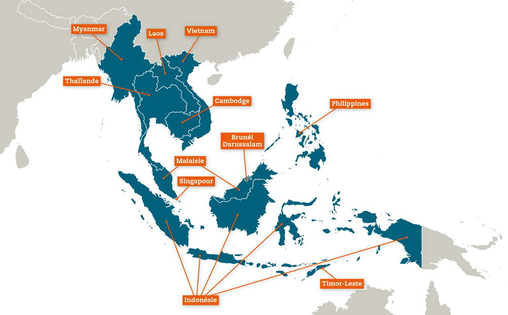 Carte avec les onze pays qui composent l’Asie du Sud-Est : Myanmar, Thaïlande, Laos, Vietnam, Cambodge, Malaisie, Singapour, Indonésie, Brunéi-Darussalam, Philippines et Timor Leste.