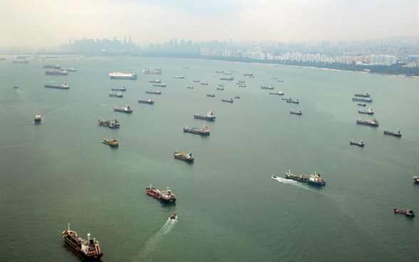 Navi da carico nel porto di Singapore che navigano nella stessa direzione. 