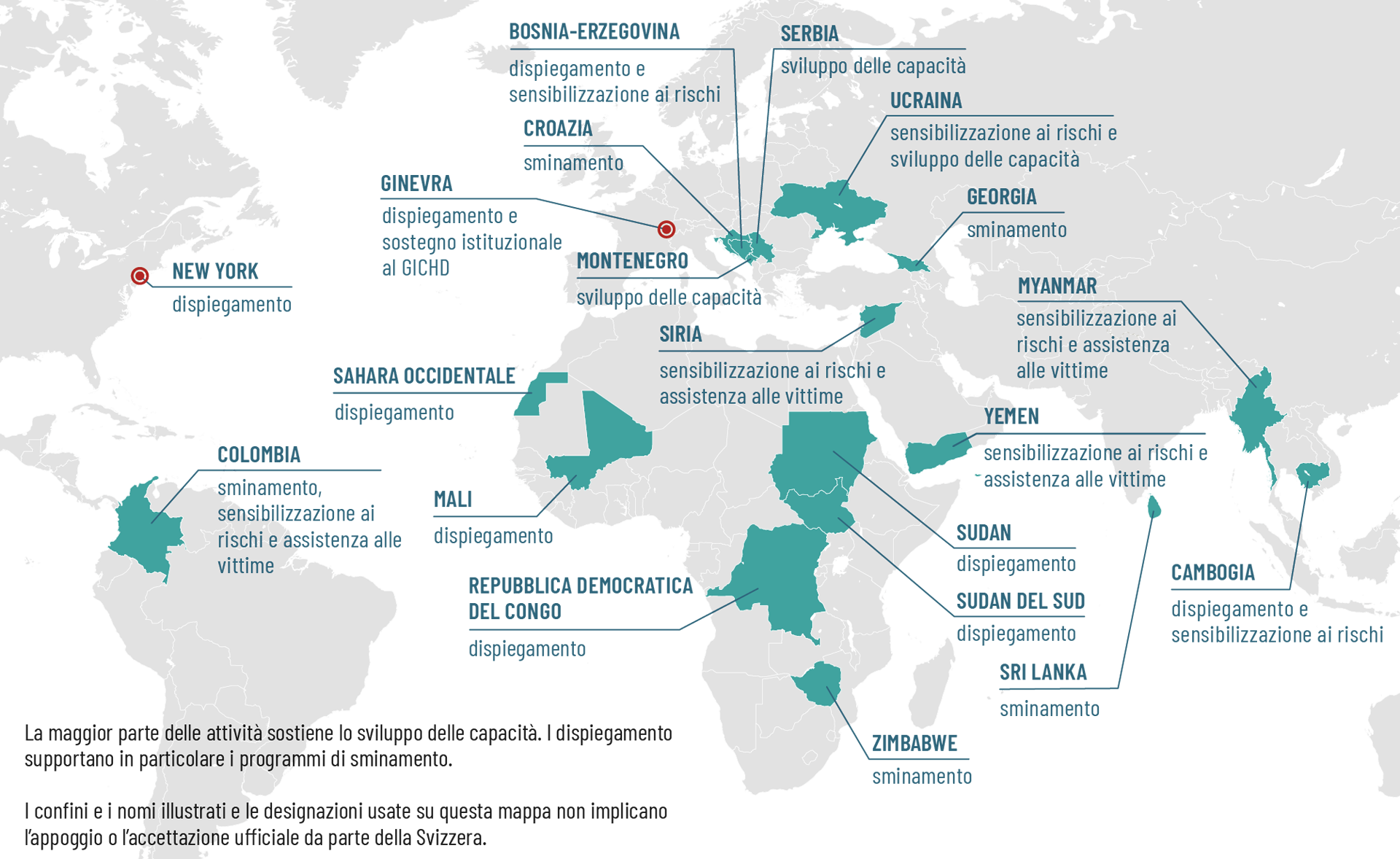 Carta del mondo che mostra i Paesi in cui la Svizzera è attiva nello sminamento umanitario.