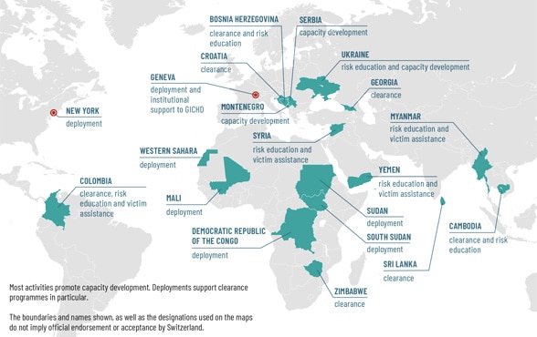 World map indicating countries where Switzerland is engaged in mine action. 