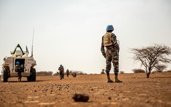 Blue helmets of the UN peacekeeping mission MINUSMA stand next to a white armoured vehicle in a barren, sandy landscape in Mali.