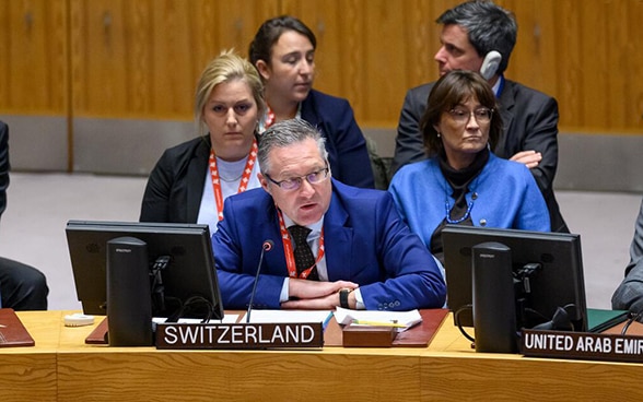 Ambassador Thomas Gürber speaks at the horseshoe-shaped table of the UN Security Council in New York.