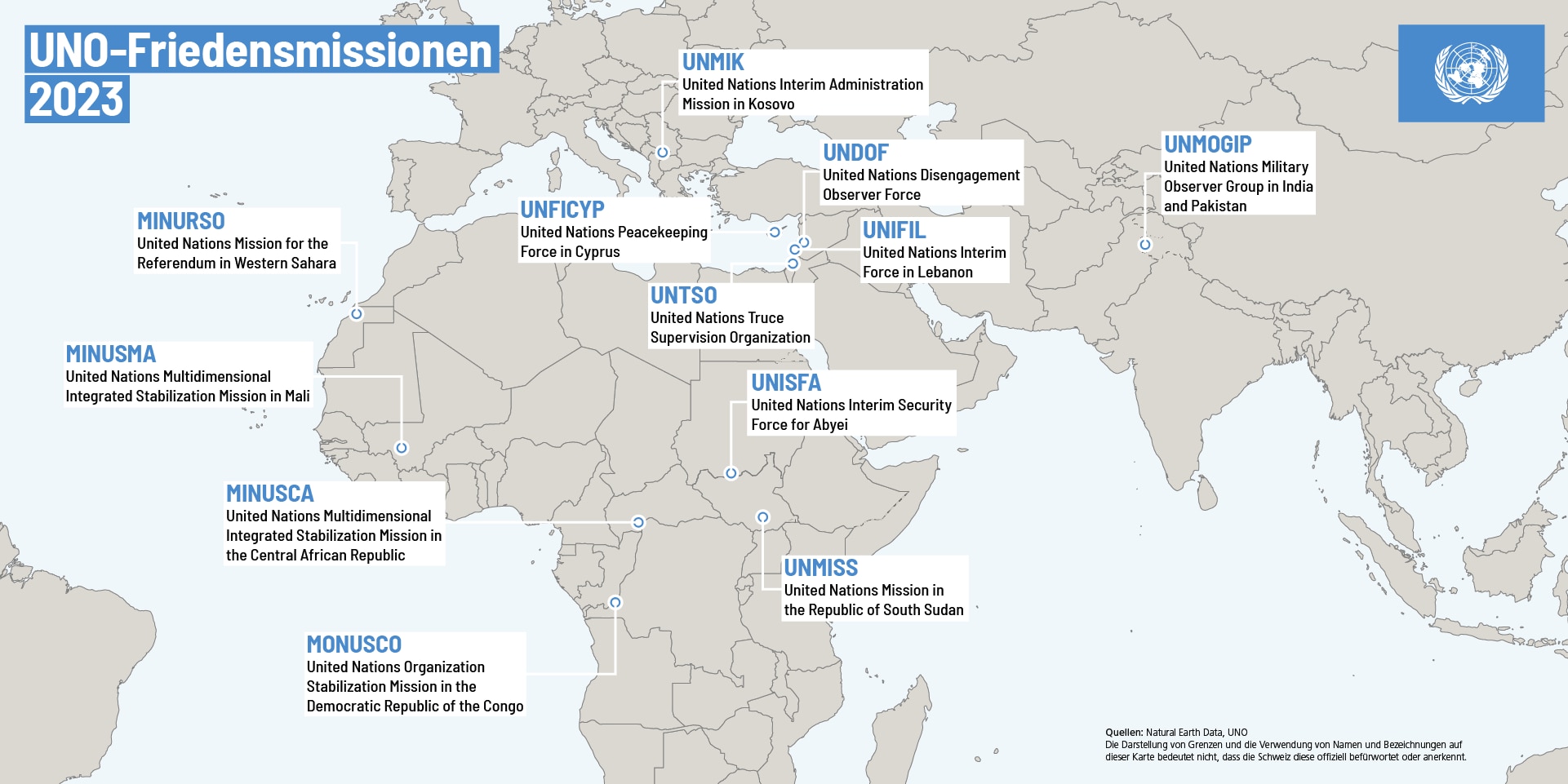 Weltkarte, in welcher die zwölf Friedensmissionen der UNO markiert sind.