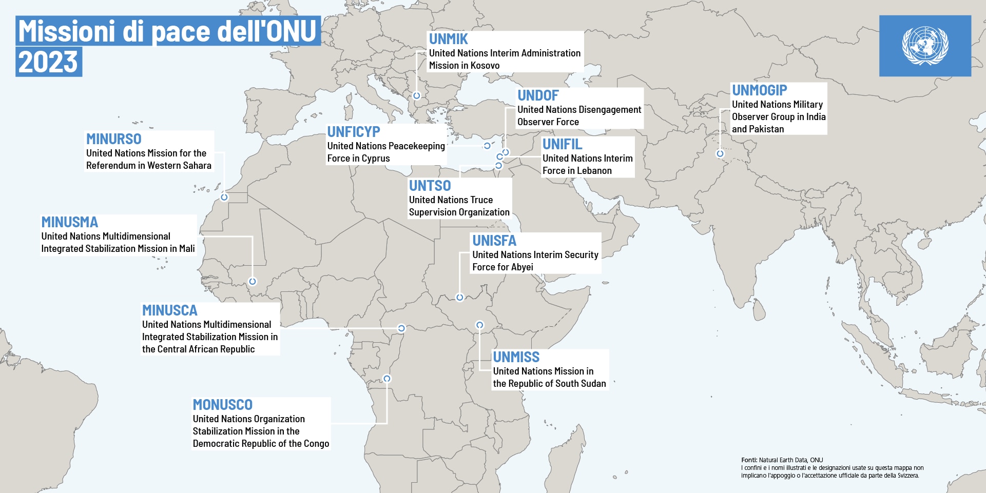 Mappa del mondo che mostra le dodici missioni di pace delle Nazioni Unite.