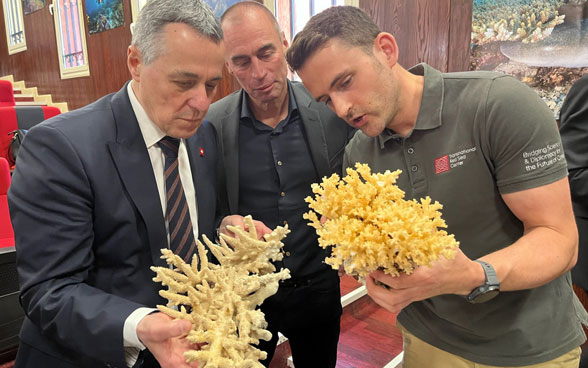 Ignazio Cassis è in piedi accanto a un esperto dell’EPFL, con barriere coralline in mano.