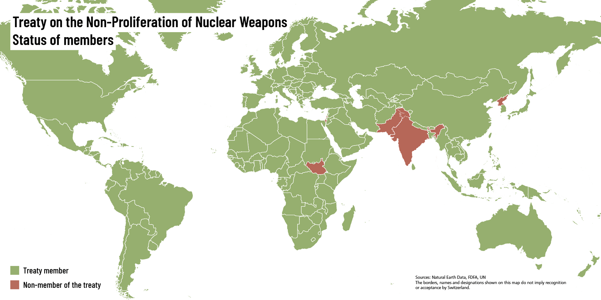 World map showing the 191 states that have joined the NPT in green and five states that have not joined the NPT in red.