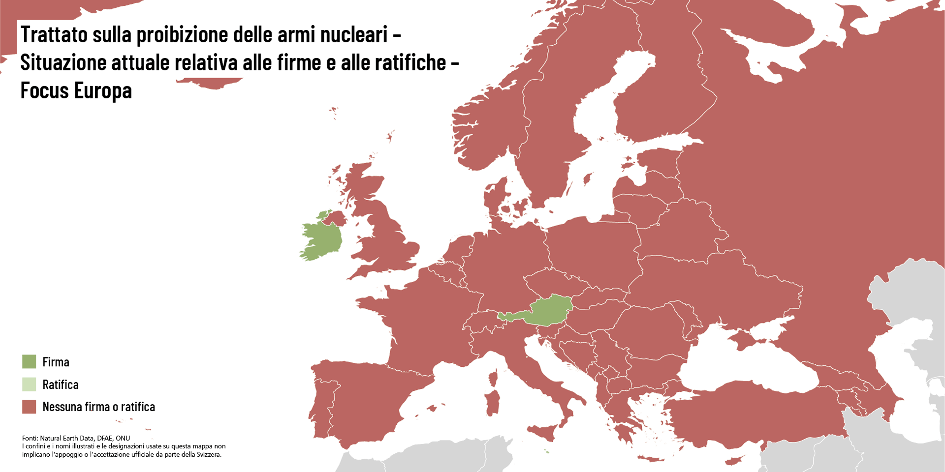 Mappa dell'Europa, in cui tutti i Paesi sono segnati in rosso tranne Austria, Liechtenstein e  Irlanda, segnati in verde. Quest’ultimi hanno aderito al TPNW.