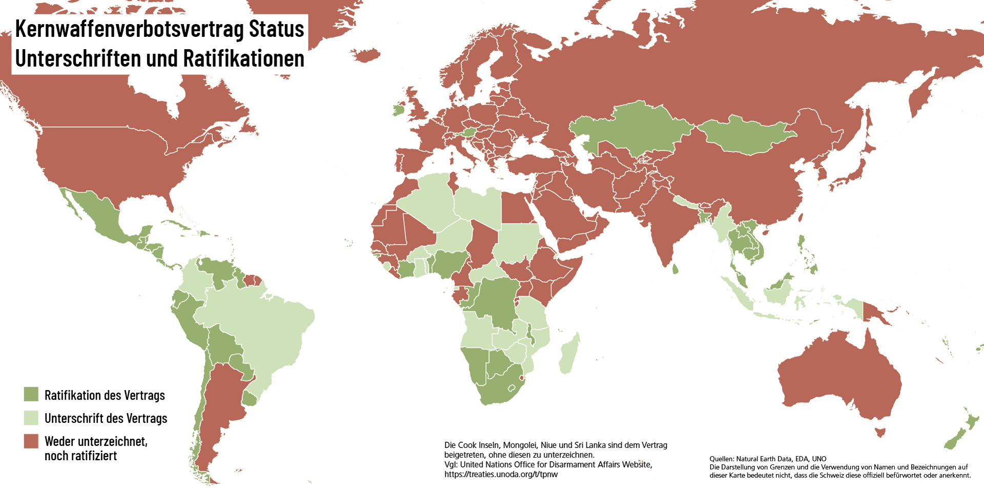 Weltkarte, auf der die 70 TPNW-Mitglieder dunkelgrün, die 23 Unterzeichnerstaaten hellgrün und 102 Staaten, die den TPNW nicht unterzeichnet haben, rot eingefärbt sind.