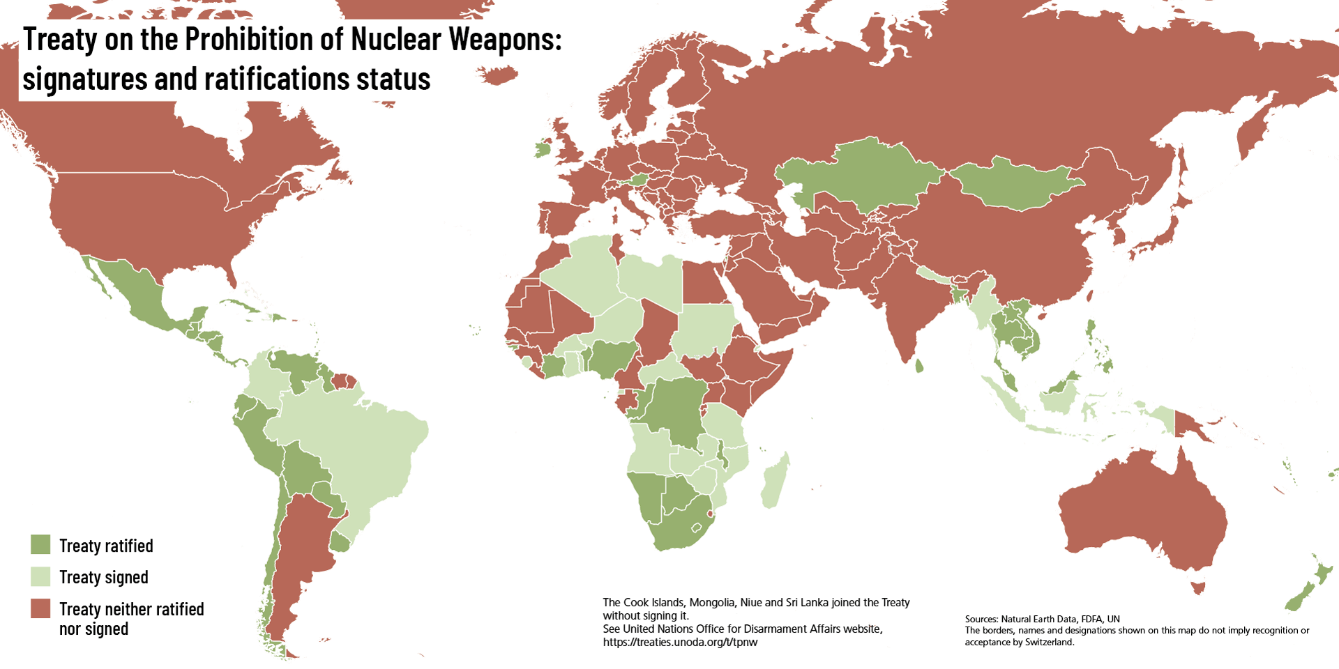 Map of the world showing the 70 states parties to the TPNW in dark green, the 23 signatory states in light green, and the 102 states that have not signed the TPNW in red.