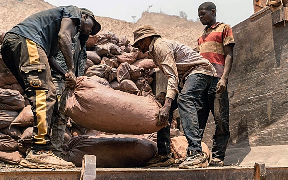 mTre persone caricano sacchi pieni di minerali in un camion. 