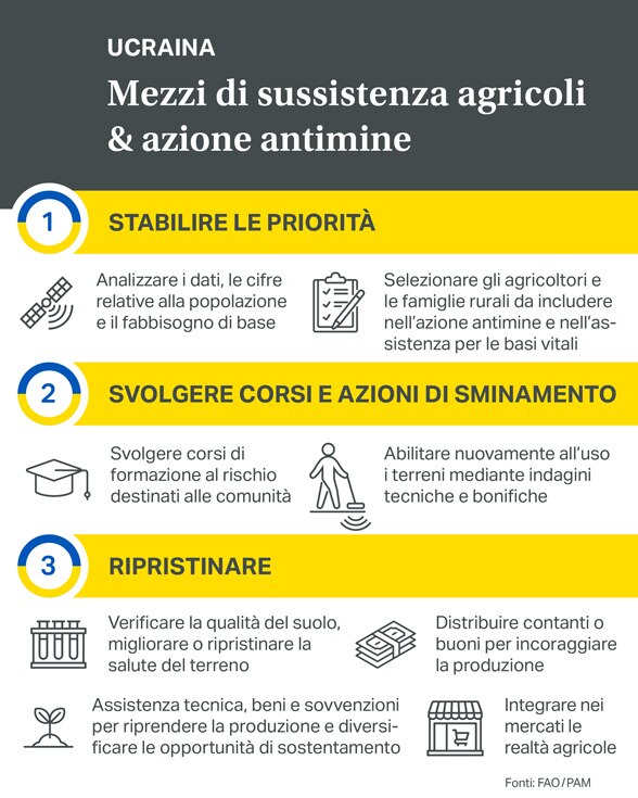Infografica che illustra le tre fasi del programma di ripristino dei terreni agricoli in Ucraina.