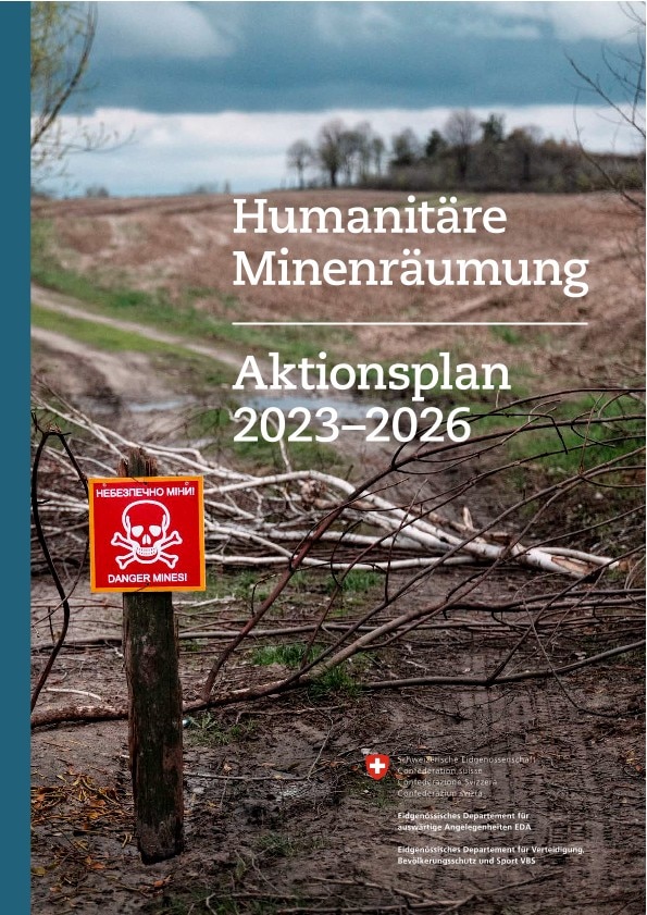 Titelseite des Aktionsplans Humanitäre Minenräumung 2023–2026.