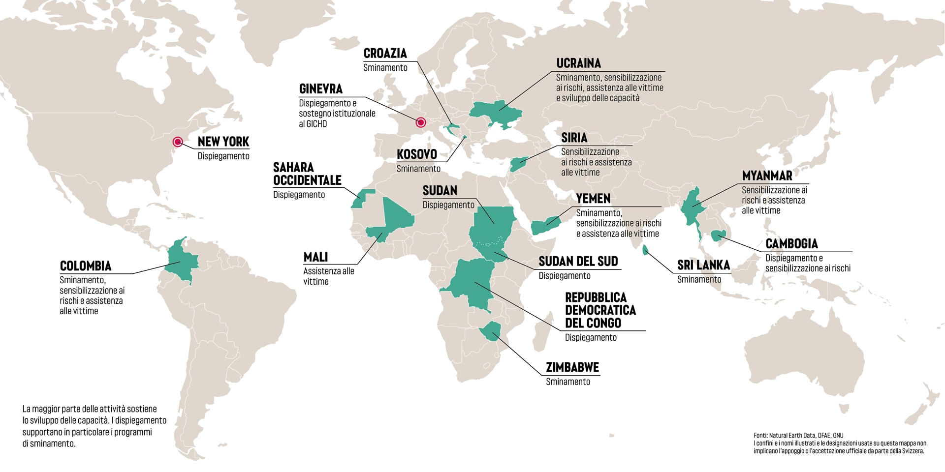 Una cartina del mondo in cui sono marcati tutti i Paesi nei quali la Svizzera ha svolto attività oppure offerto il proprio sostegno a favore dello sminamento umanitario.