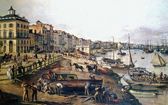 Tableau de la ville de Bordeaux peint par Pierre Lacour en 1806. Bordeaux était un port important pour le commerce suisse et pour l’émigration.