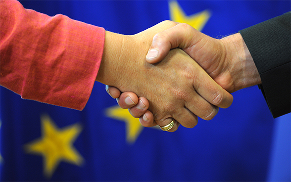 Foto eines Händedrucks vor einer Europaflagge