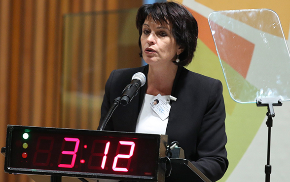 Il capo del DATEC Doris Leuthard durante la sua allocuzione al Vertice sul clima dell’ONU a New York. 