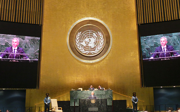 Il presidente della Confederazione Didier Burkhalter tiene un discorso davanti all’Assemblea generale dell’ONU. 